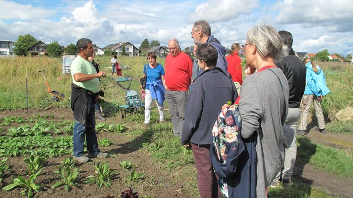 Landwirt und Besucher auf dem Gemüsefeld