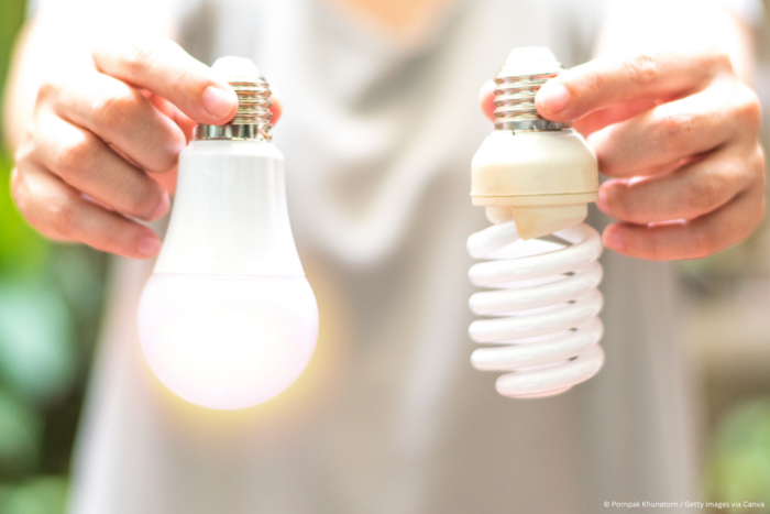 Links eine LED-Lampe, rechts eine Energiesparlampe