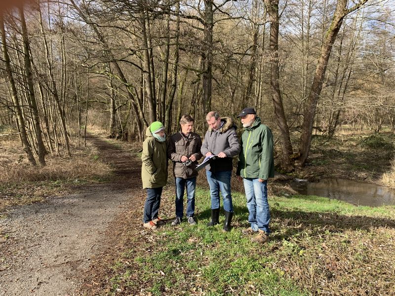 Vier Personen stehen neben einem Weiher und betrachten einen Plan.